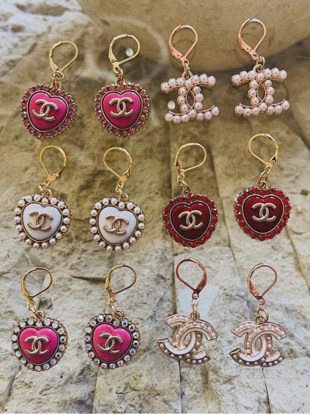 CHANEL Gold and Pink Heart Drop Earrings